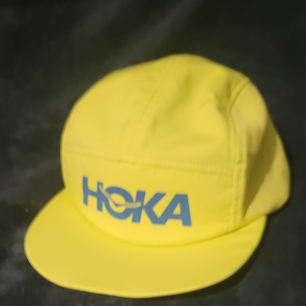 Hoka Vibrant Yellow Cap with Blue Reflective Logo